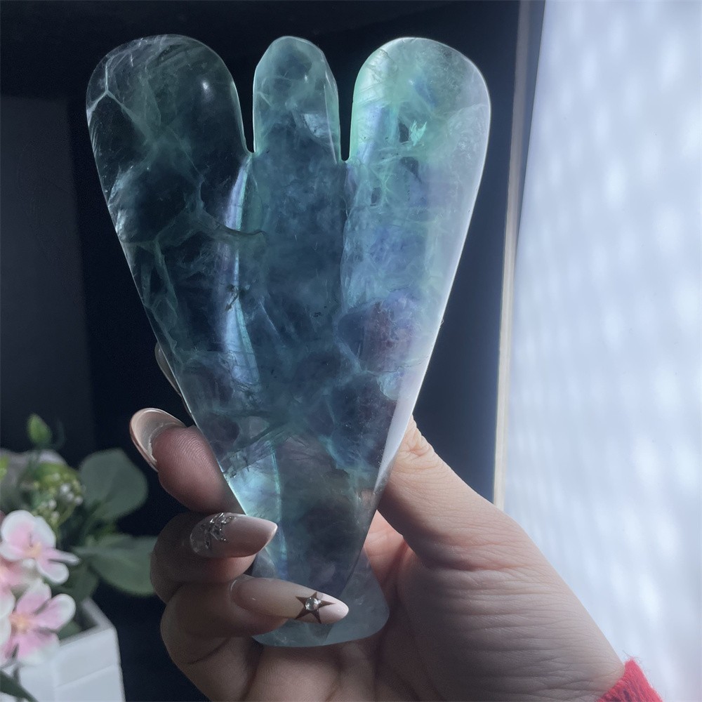 0.8LB 5.1″ Natural Rinbow Fluorite Angel Carved Crystal Mineral Quartz Decor