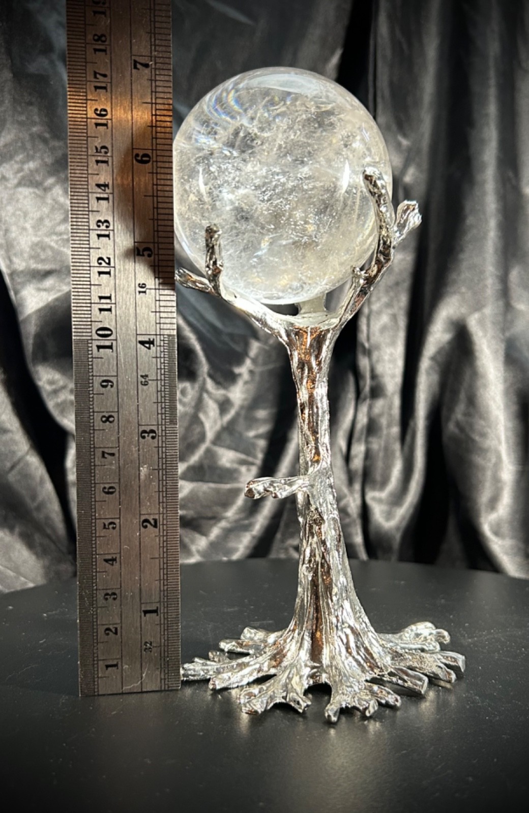 2.62″ Clear Quartz Sphere With Custom Metal Tree Stand 14.6 oz (413 grams)