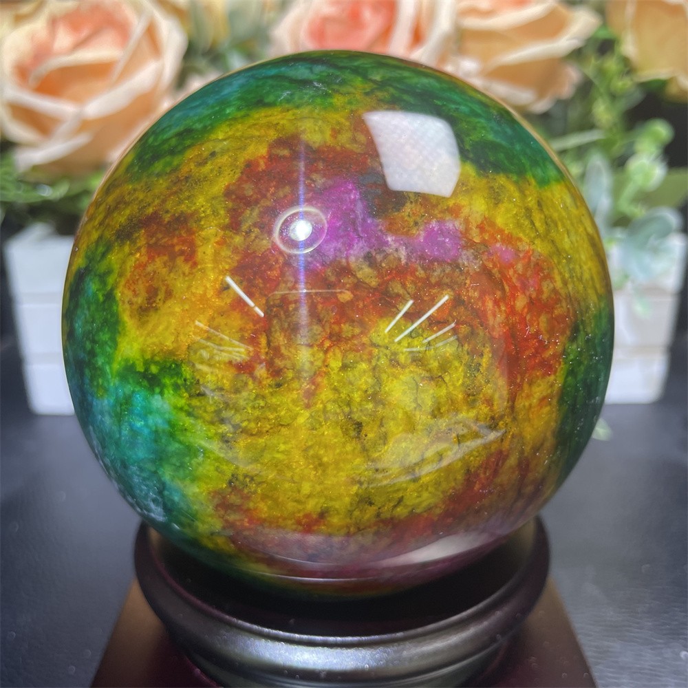 Random 1pc 3.8LB 3.8″Seven Color Stone Sphere Crystal Reiki Quartz Ball+Stand