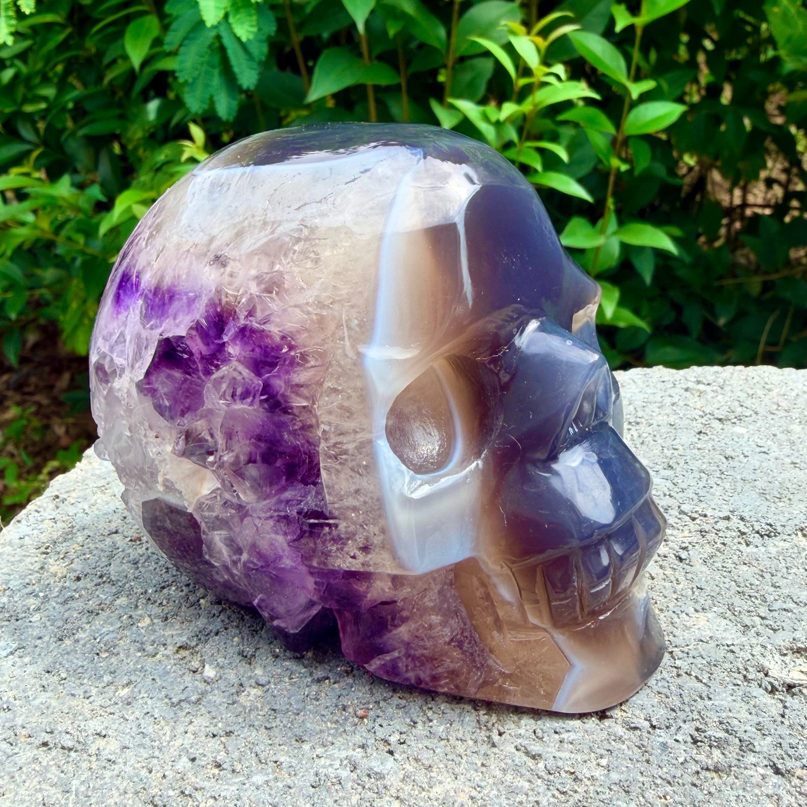 1.75lb Amethyst agate crystal cave skull, Rare hand carved skull specimen
