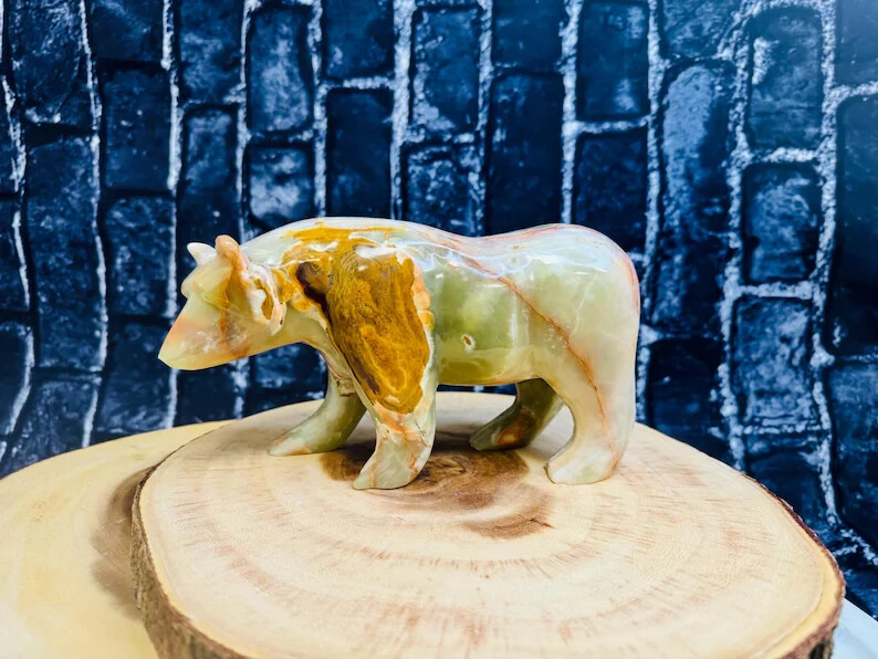 Green Onyx Bear Figurine, Crystal Animal Standing Statuette, Sacred Animal, 8″