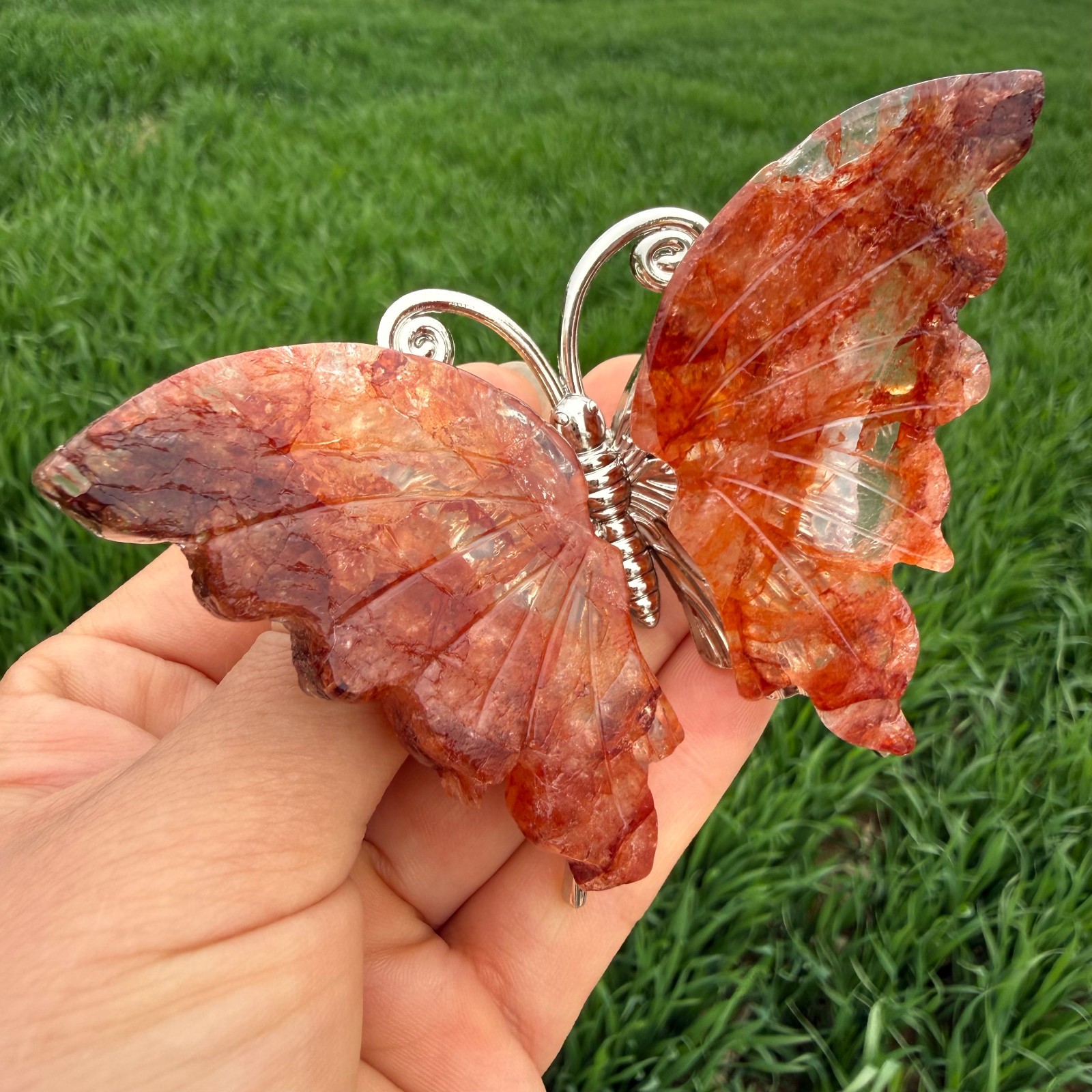 3.6″ Natural red gum flower Carved Butterfly Reiki Crystal Skull Decor gift 1pc