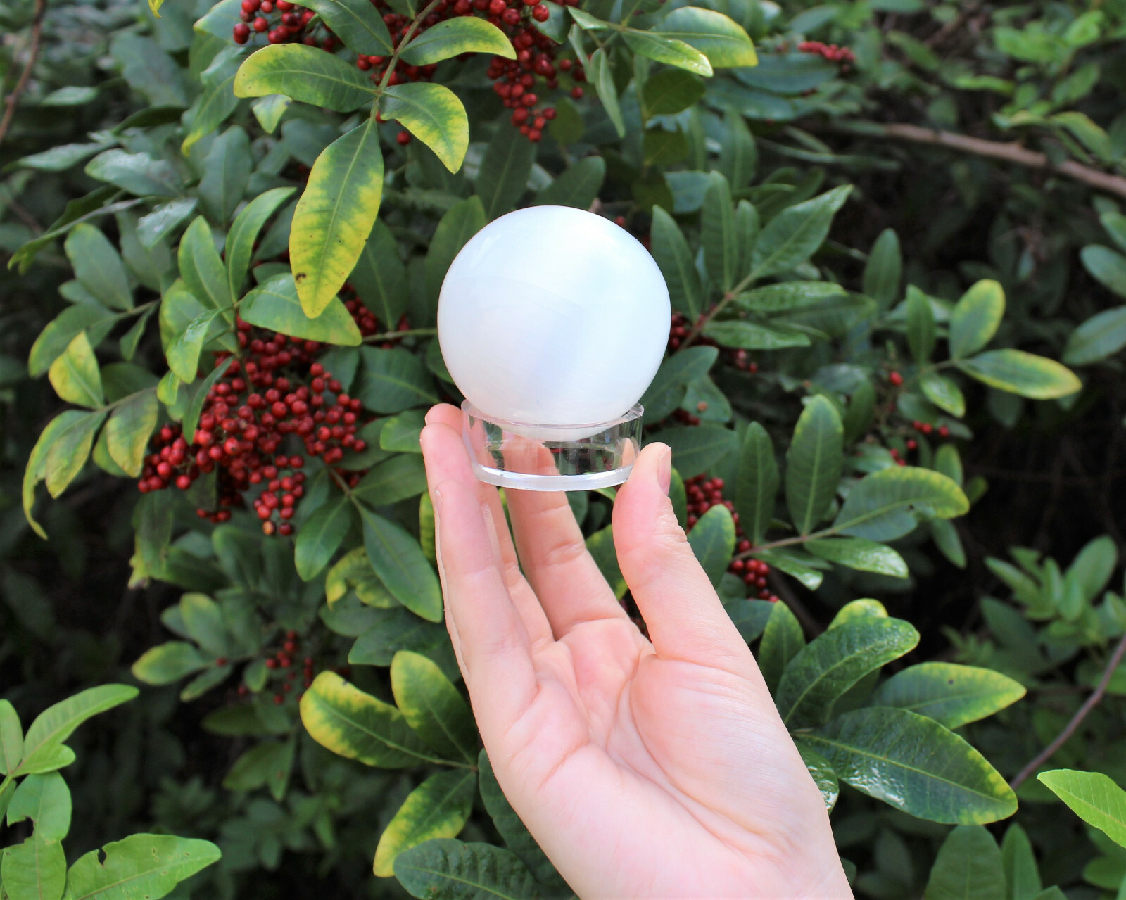 Selenite Crystal Sphere + Stand, LARGE 60 mm (Polished Selenite Crystal Healing)