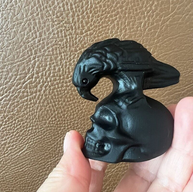 TOP ! Natural Hand Carved Obsidian Crow Skull Crystal Quartz Reiki Healing 1PC