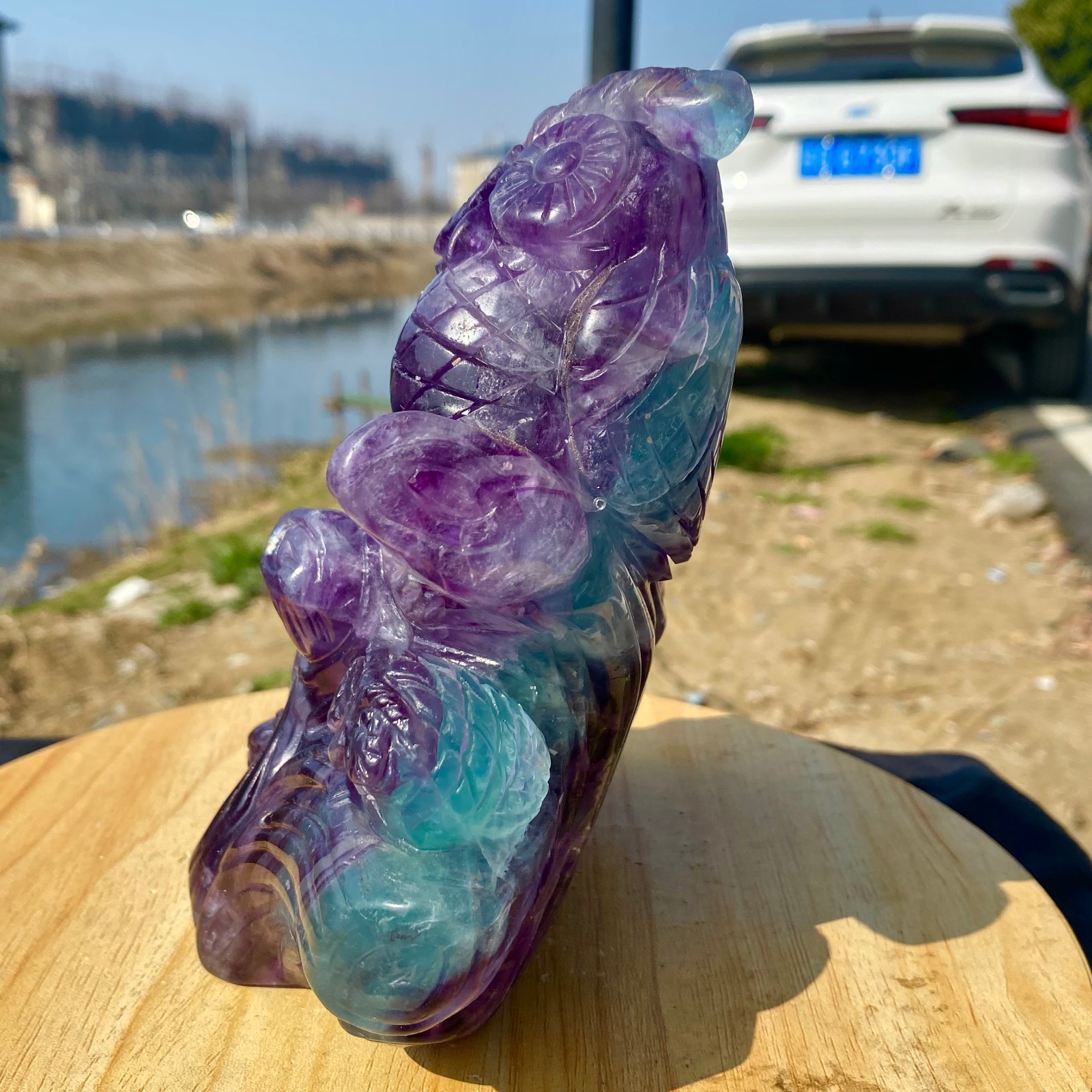 5.62LB Natural Fluorite Quartz Owl Sculpture Hand Carved Crystal Reiki Energy