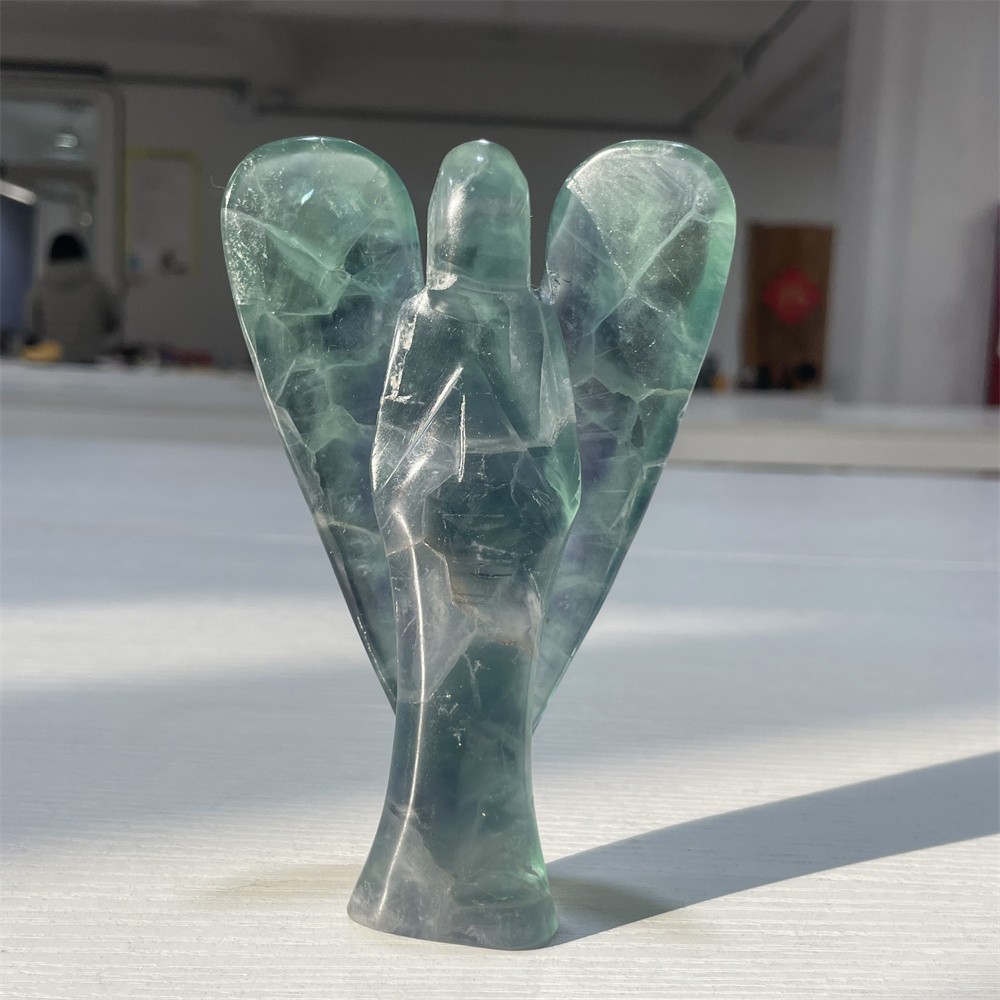 0.8LB 5.1″ Natural Rinbow Fluorite Angel Carved Crystal Mineral Quartz Decor