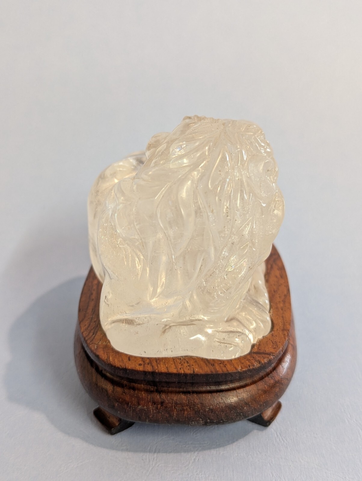 Clear quartz CRYSTAL carved LION with Cherry Wood stand Natural Mineral specimen