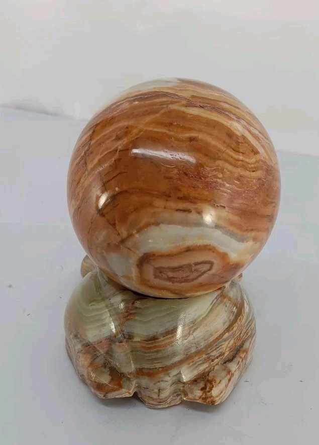 Green Banded Onyx Sphere With Matching Carved Frog Stand From Pakistan