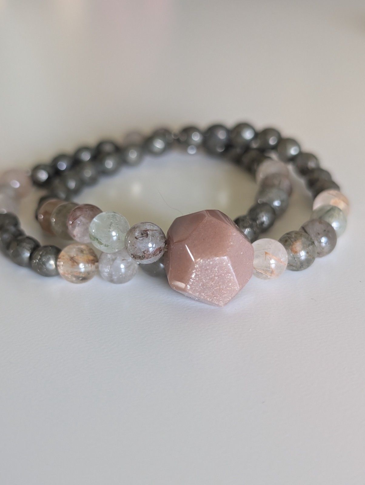 Sunstone Bracelet Size 6.25 Mixed Rutile & Pyrite 6mm Beads Matching Set of 2