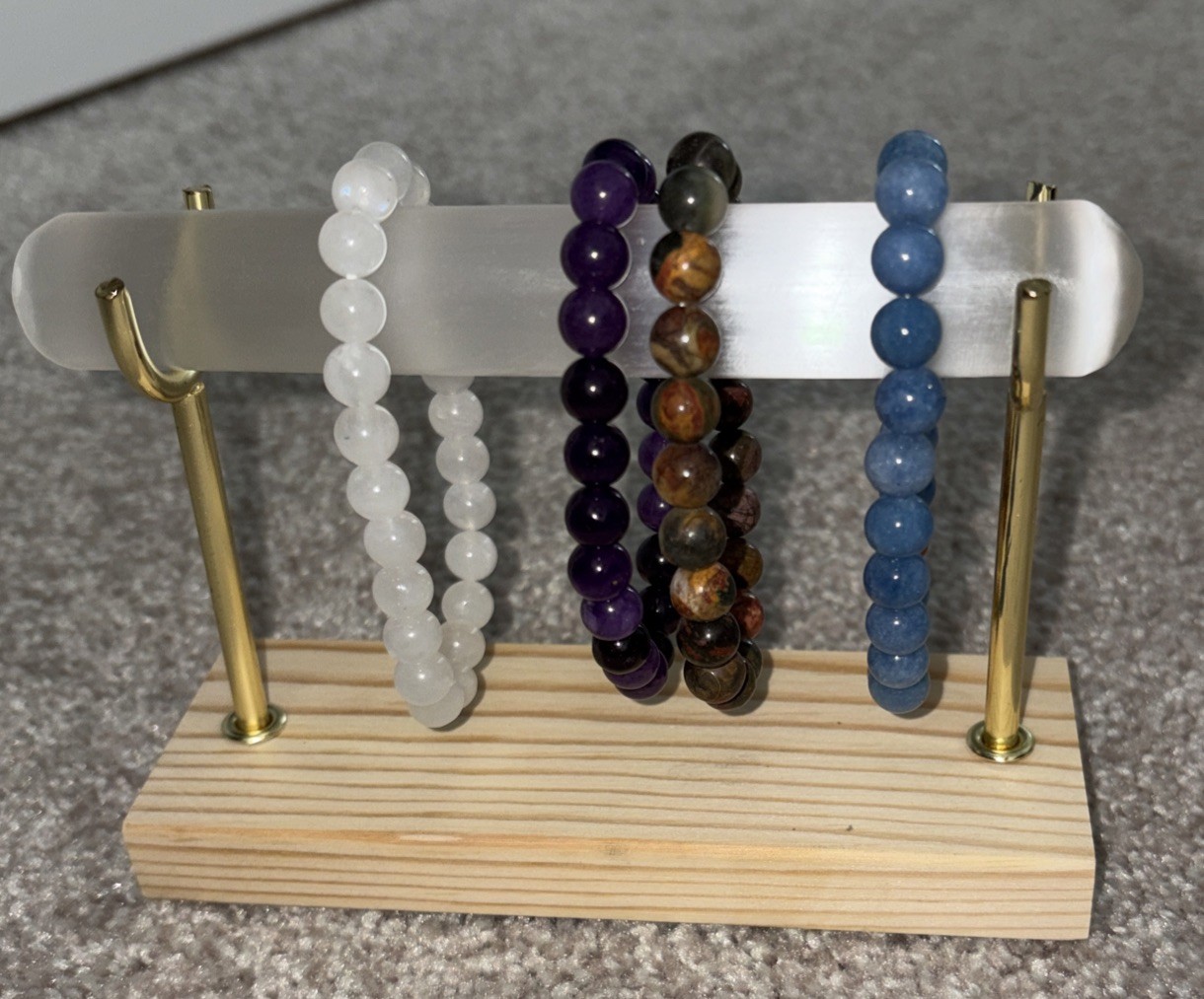 Metal (gold) Bracelet Holder Single Row With Selenite Bar Crystal Wood Small