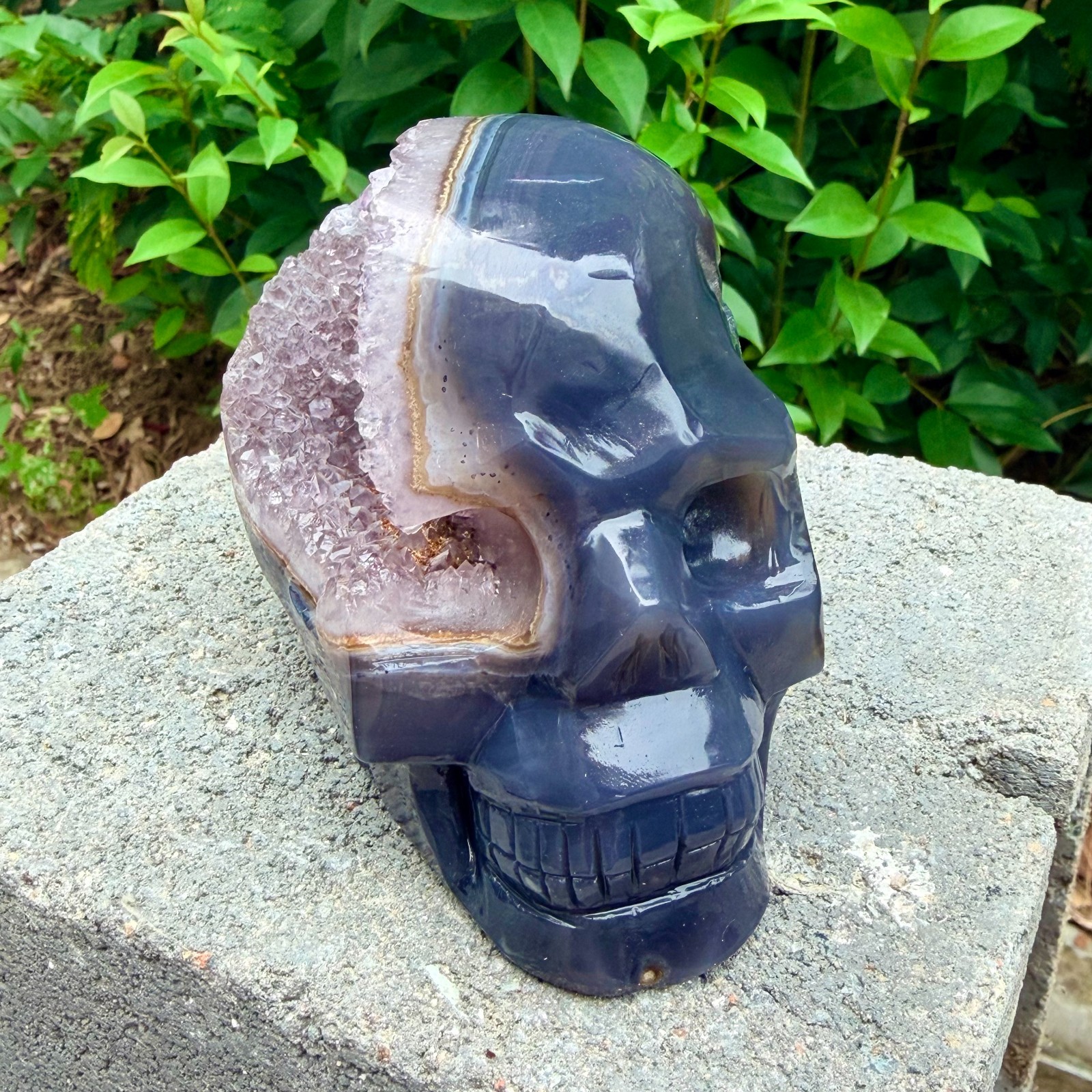 2.33lb Amethyst agate crystal cave skull, Rare hand carved skull specimen