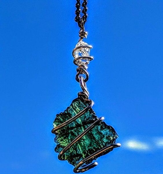 MOLDAVITE & HERKIMER DIAMOND Necklace. Tektite Crystal 925 Pendant Synergy 12