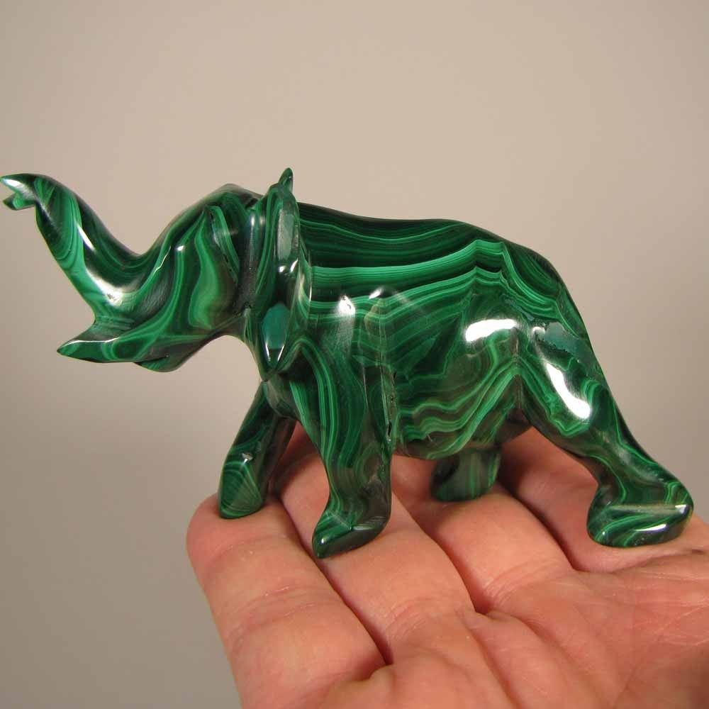 4″ Handcarved MALACHITE ELEPHANT Gemstone Animal Carving – Congo, Africa