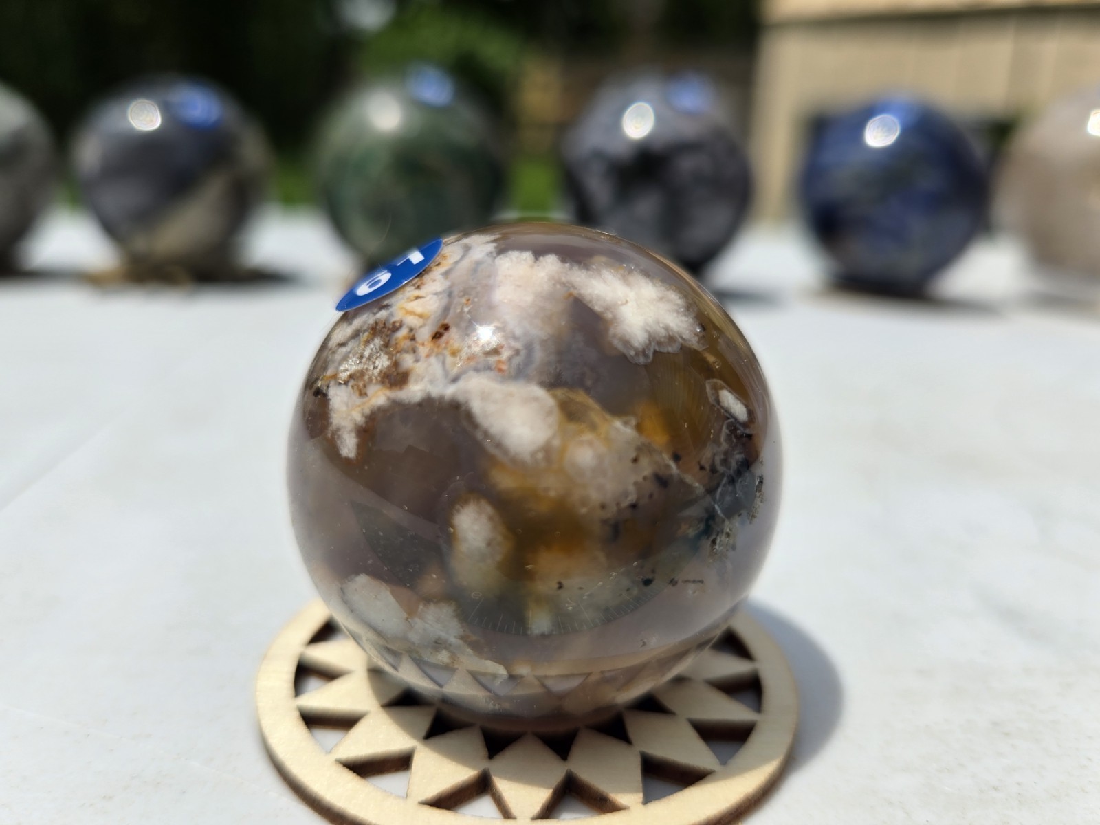 polished flower agate crystal sphere display specimen w/ stand ~2in b61