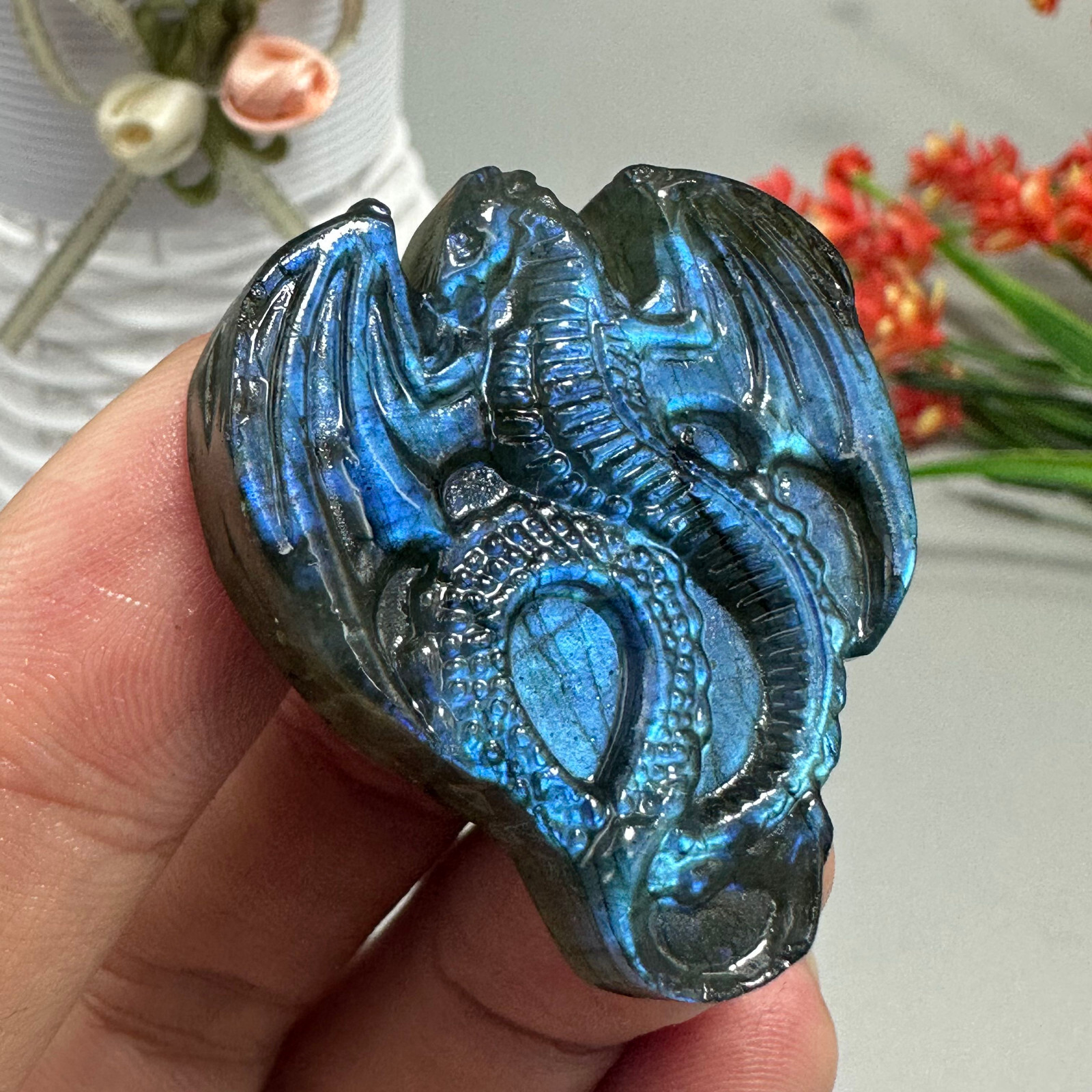 Natural Labradorite Carved dragon Quartz Skull Crystal Specimen Healing 1PC