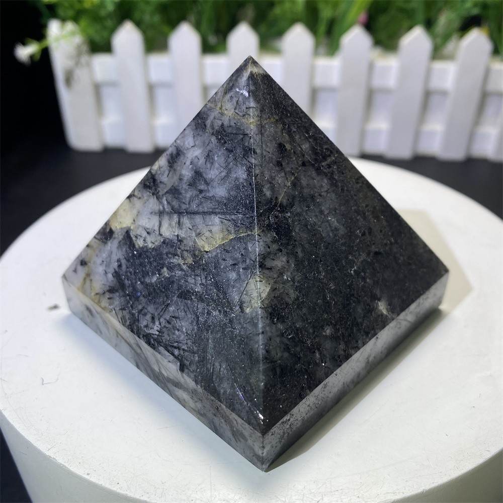 0.8LB 2.7″ Natural Black Rutiled Quartz Pyramid Statue Crystal Reiki Heal Decor