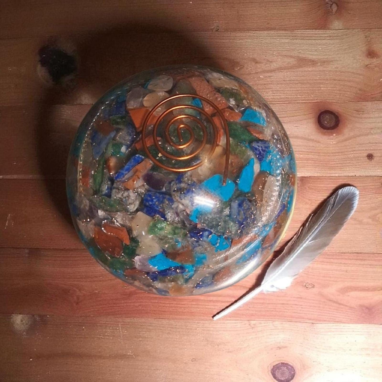Orgone Multi-Chakra Sphere – 70mm Crystal Ball with Copper Coil & Wooden Stand
