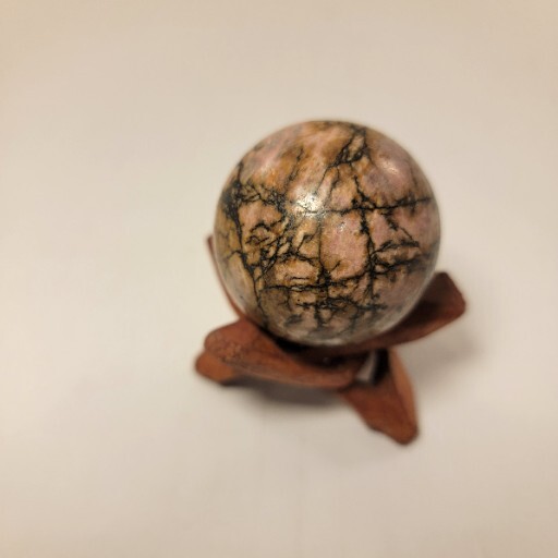 Rhodonite Sphere Polished Rock Pink Gemstone With Wooden Tripod Stand