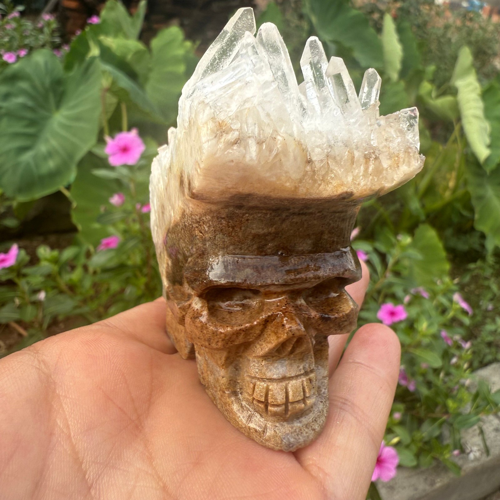 Natural Crystal Quartz Cluster carved Skull Reiki Healing 1pc