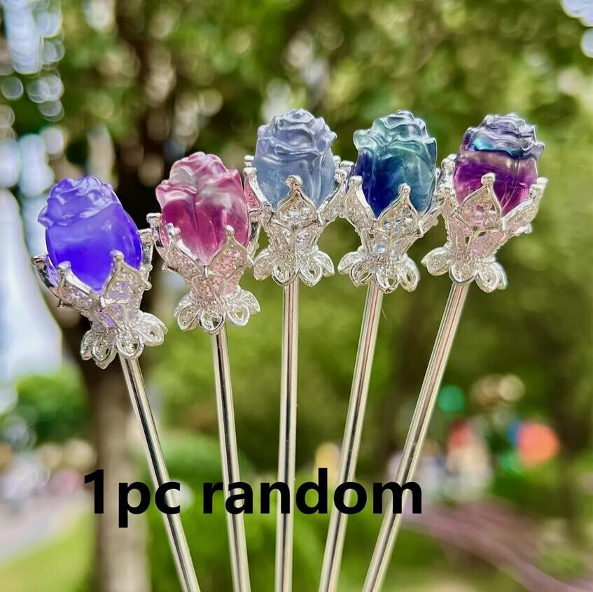 5pc Natural Fluorite Carved Flower Rose Hairpin Quartz Crystal Reiki Healing