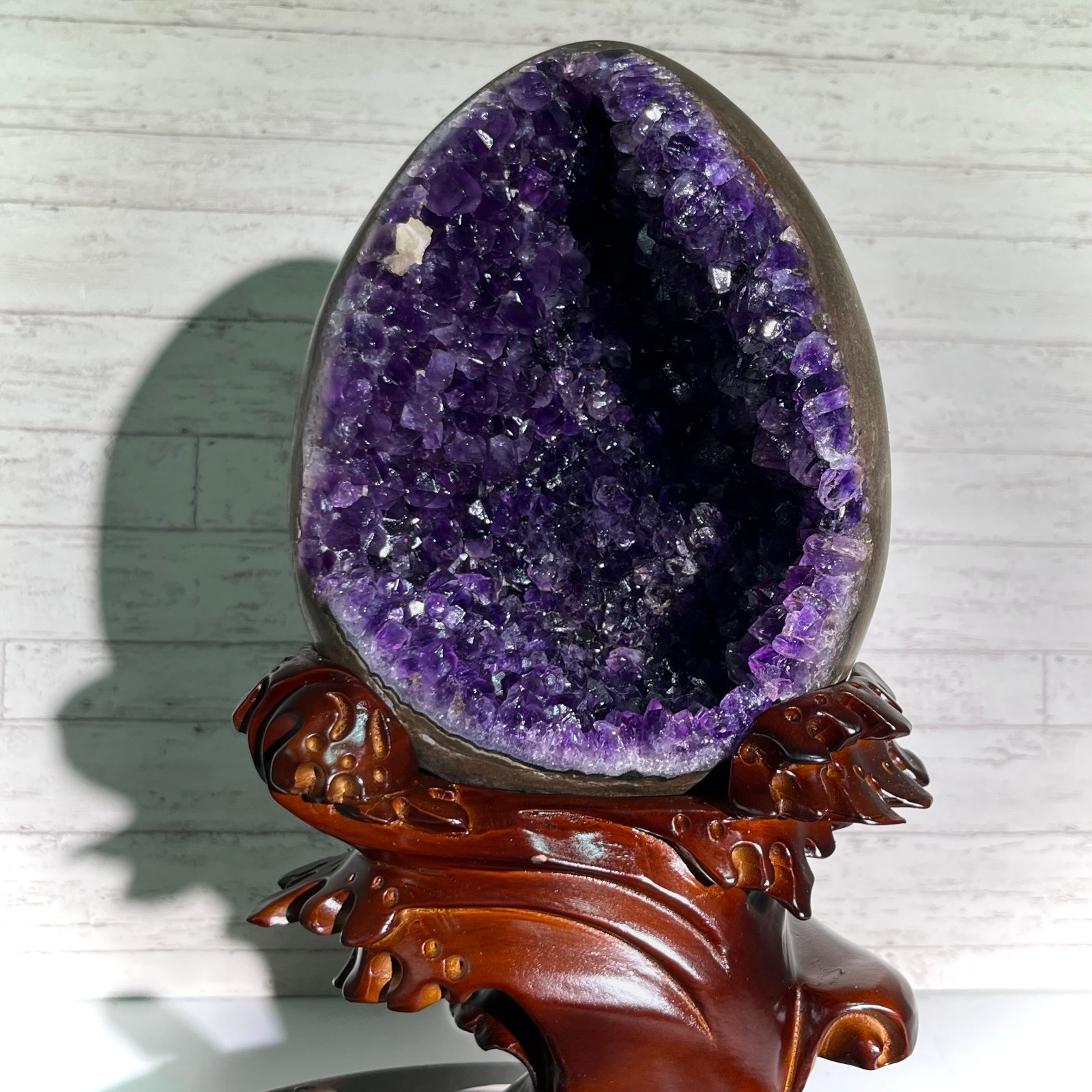 13.4 lb Amethyst Cluster Geode Dragon Egg Crystal w/ Wood Stand Mineral Specimen