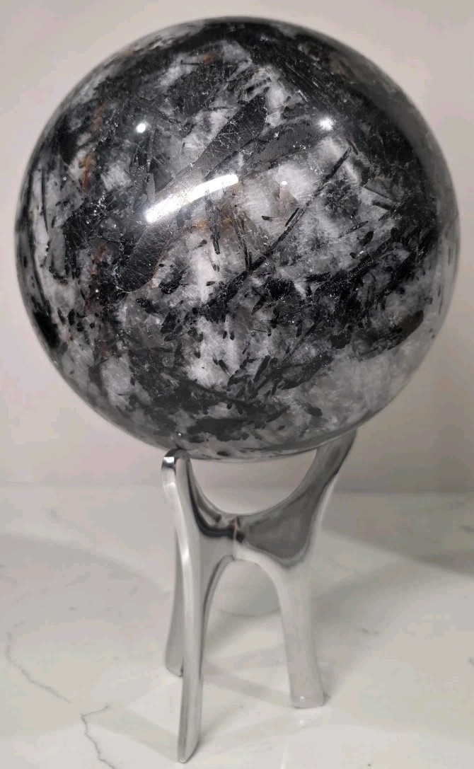 16.8LB 7″ Huge Tourmalinated Quartz Sphere Black Tourmaline Crystal Orb / Stand
