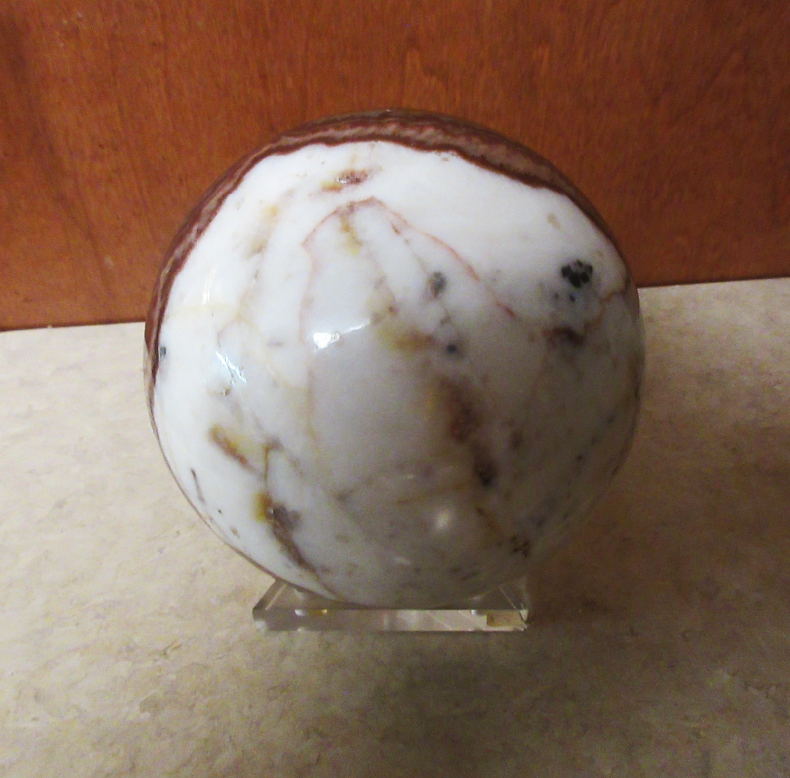 Large Banded Marble Polished Stone Sphere Browns and Whites 5” Diameter + Stand