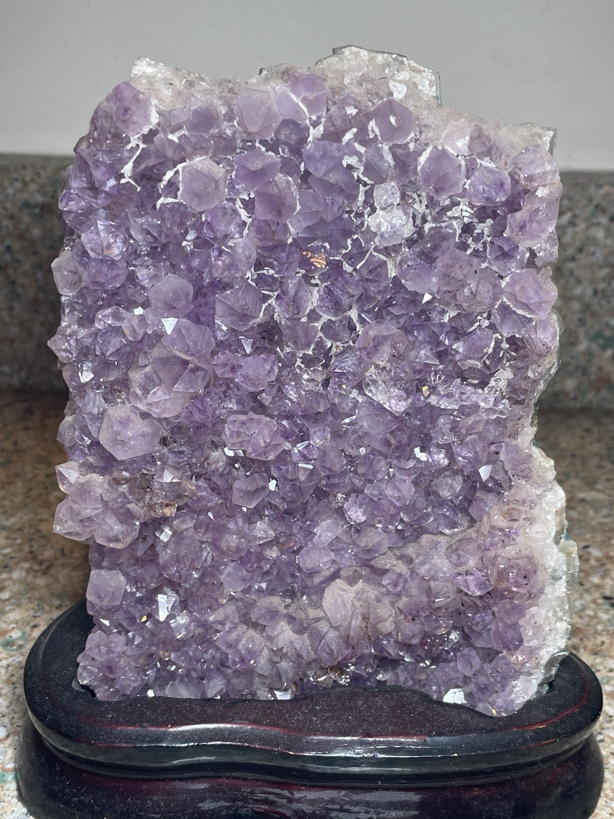 Natural Amethyst Crystal Cluster Geode Specimen on Wooden Display Stand 7”