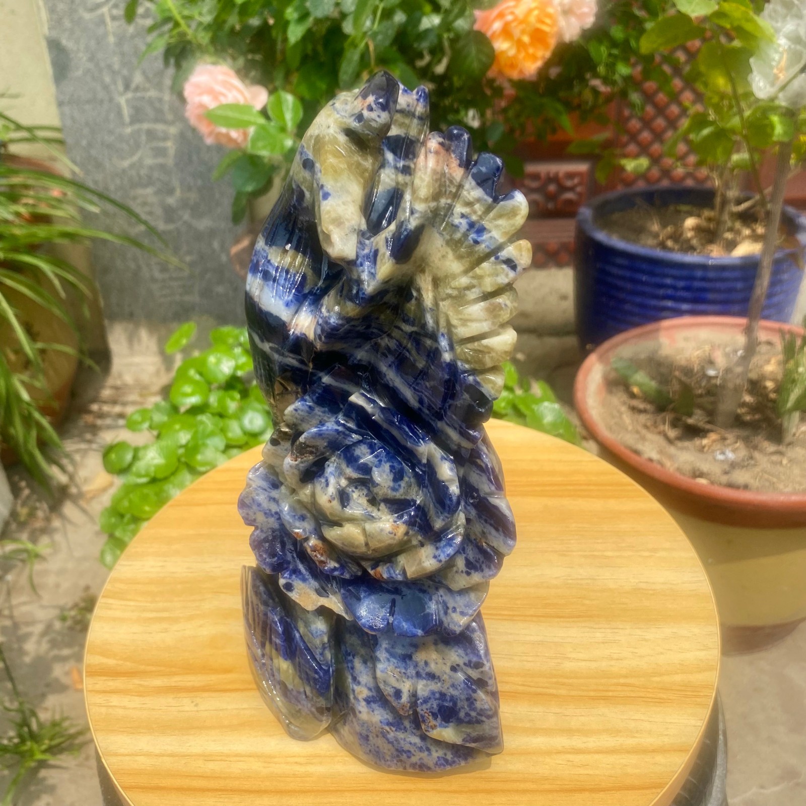 6.61LB Natural Blue Vein Stone Phoenix Carving, Home Decoration