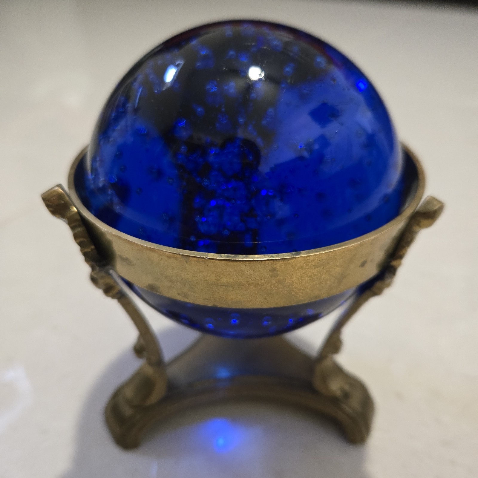 COBALT BLUE CRYSTAL GLASS BALL with BRASS STAND Fortune SPHERE Bubbles