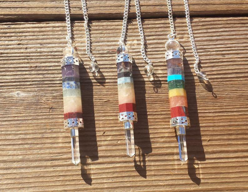 7 CHAKRA BONDED NATURAL GEMSTONE 3 STONE WAND PENDULUM (ONE)