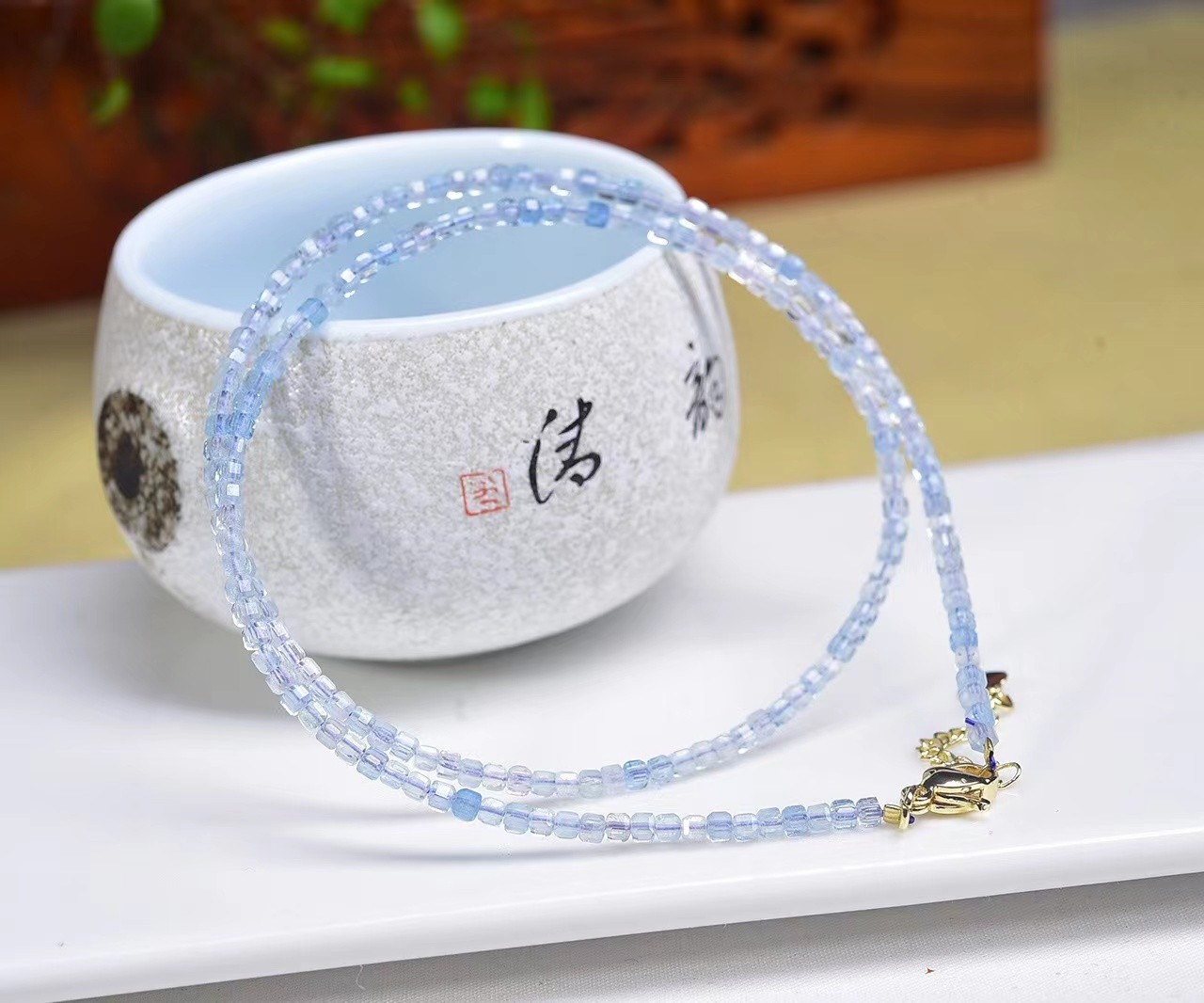 Blue Aquamarine Necklace Tiny 2.5mm Cube Beaded r Healing Delicate Women Crystal