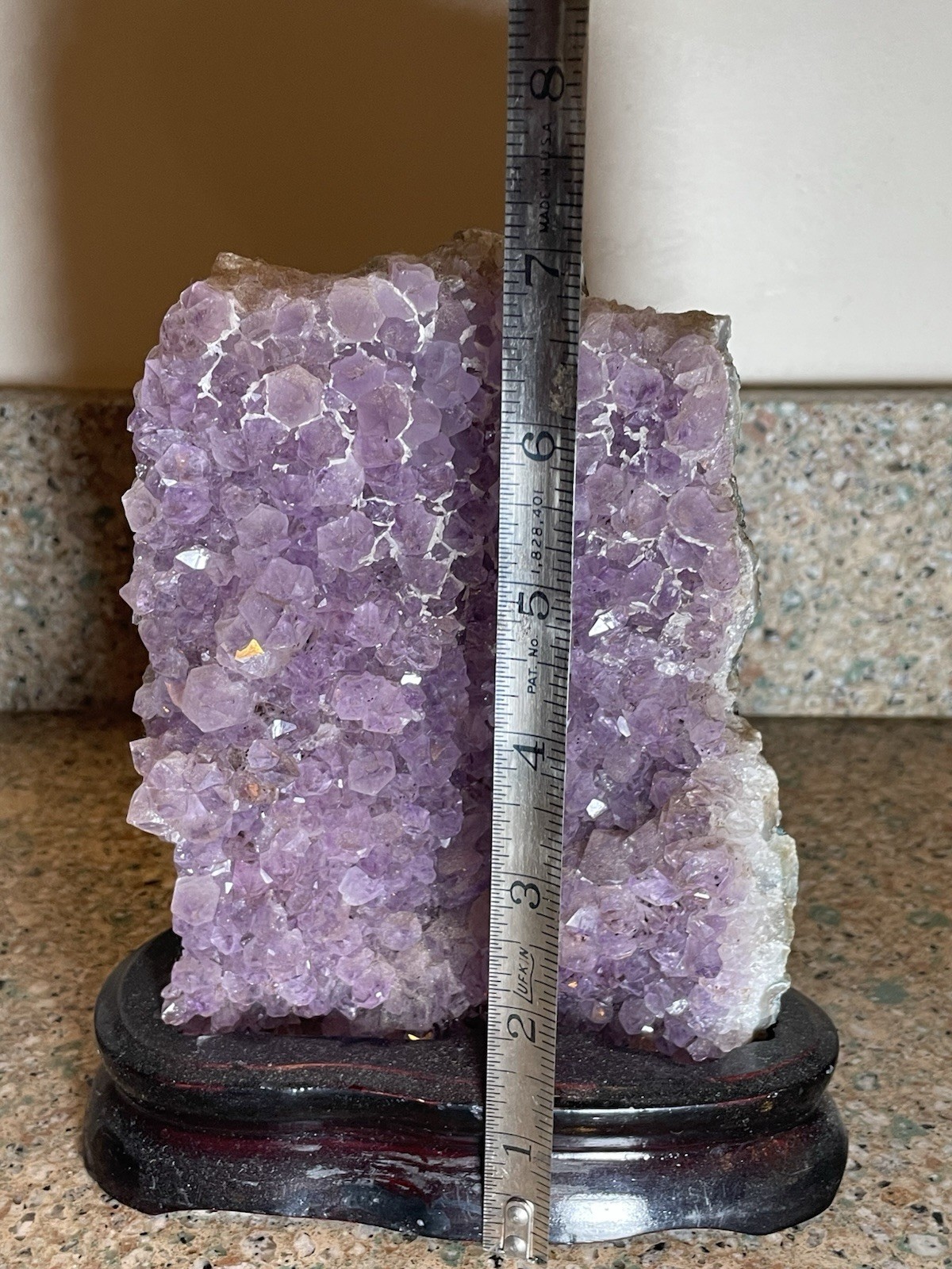 Natural Amethyst Crystal Cluster Geode Specimen on Wooden Display Stand 7”