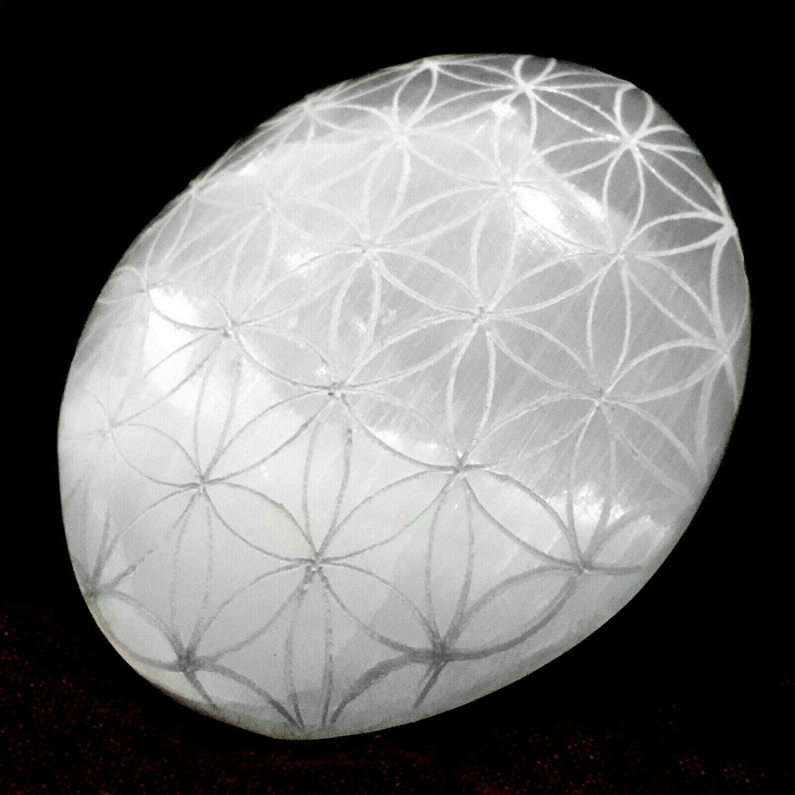 Selenite Palm Stone Etched Flower of Life Crystal Sacred Geometry Worry Stone He