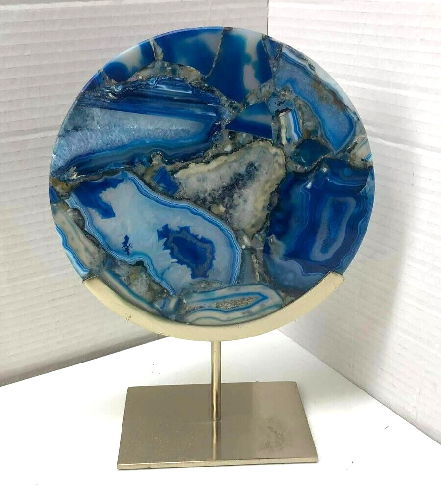 Blue Dyed Agate Slice on Steel Stand 9 Inch Modern Decorative Stone Zodax Style