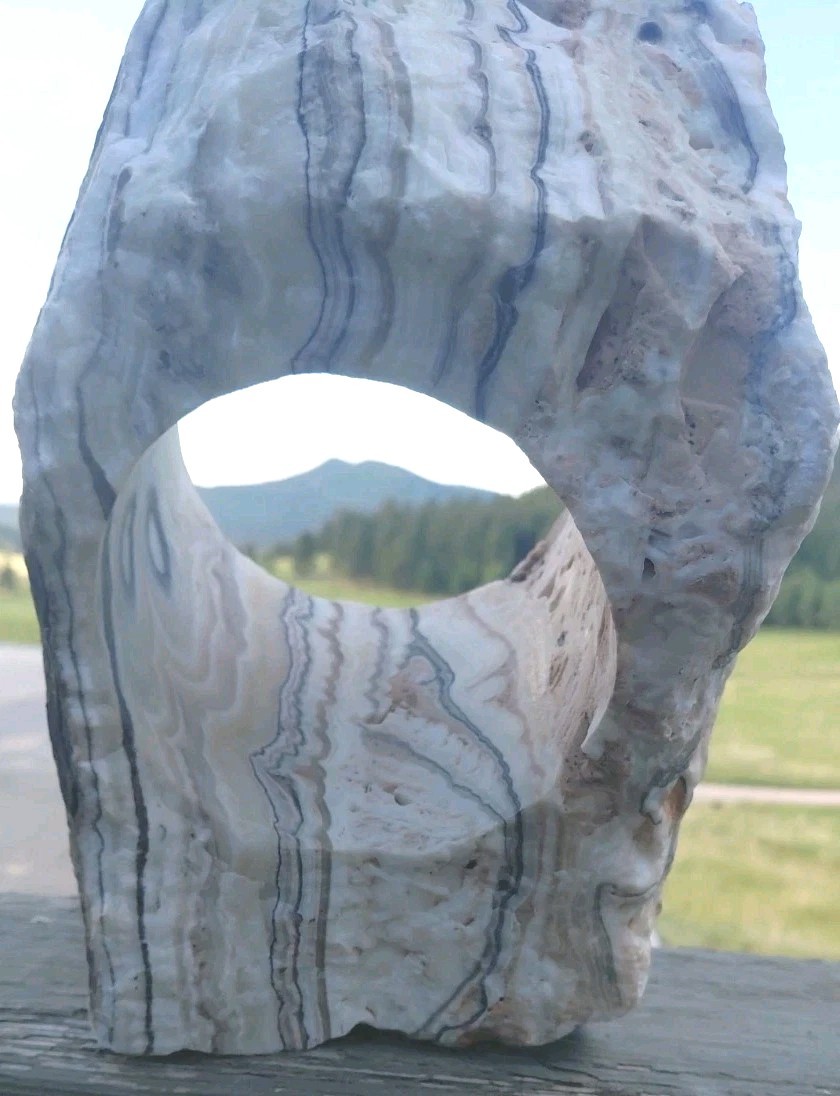 13.25Lb Zebra Calcite W CORED 4″ “Window” Display UV+ Bands Wrap Unique Décor