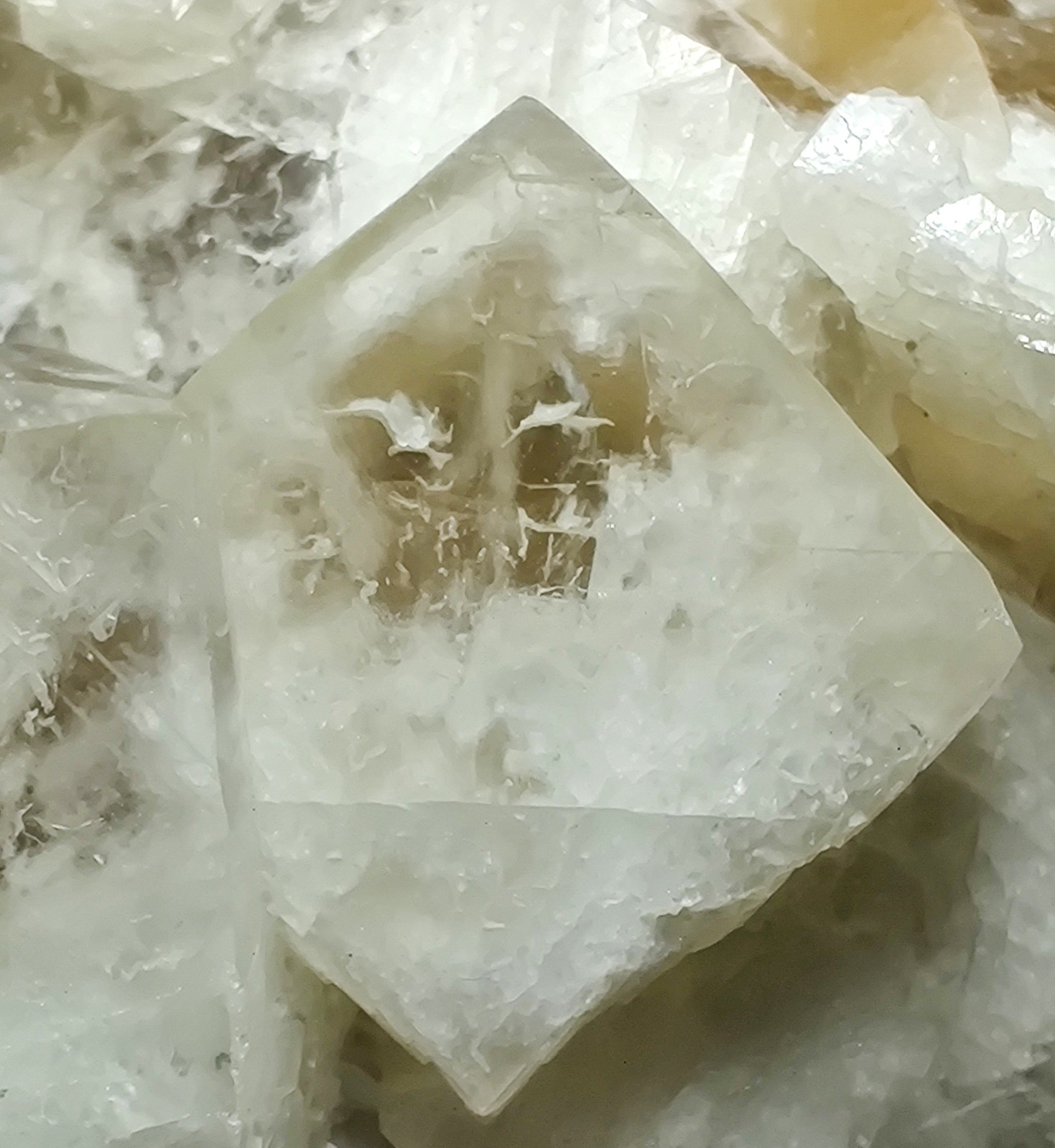 Calcite crystals on matrix, unique form, fluorescent white. 215 grams.