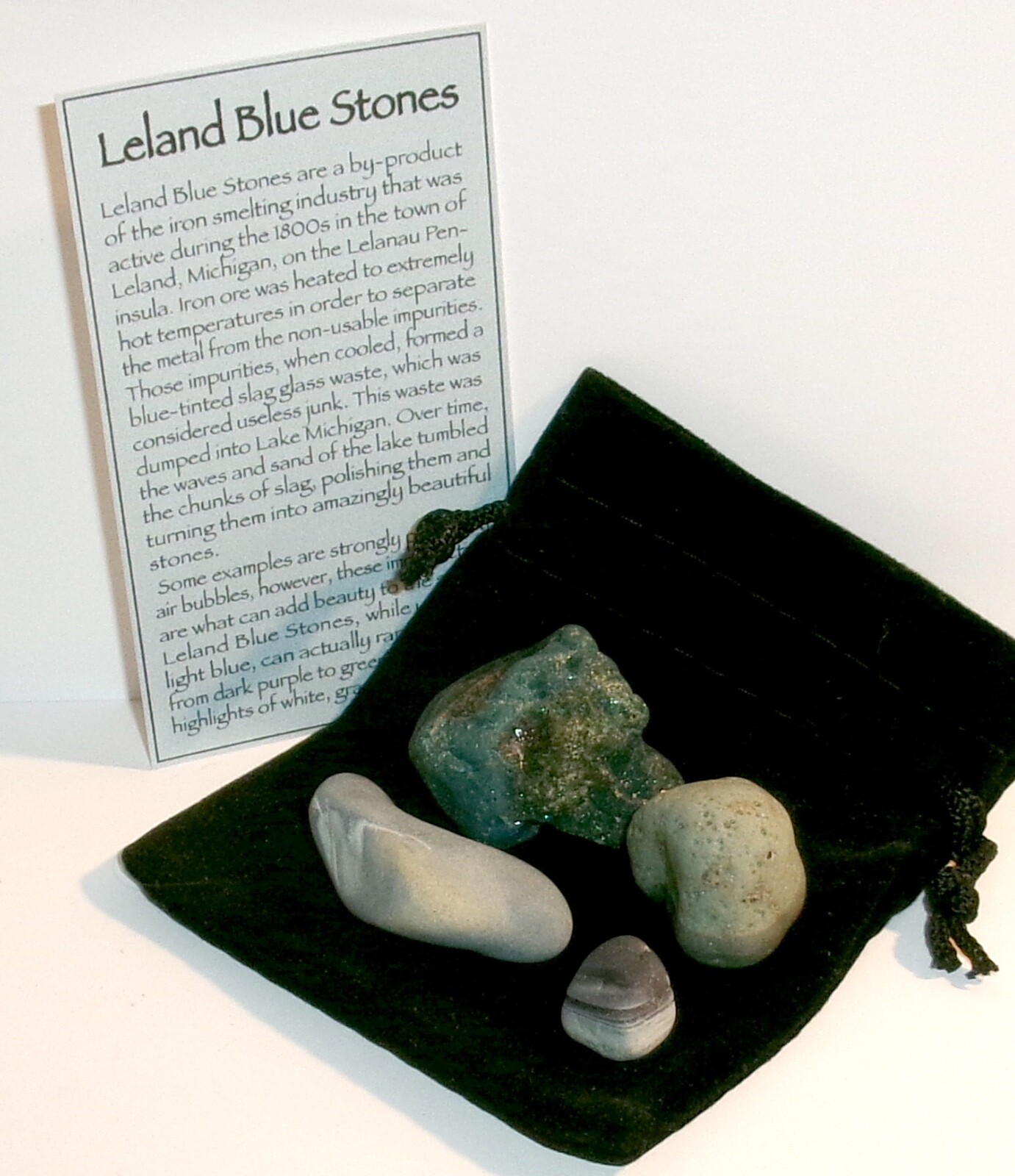 Leland Blue Stones 4 pcs and Black Velvet Bag Michigan Iron Ore Slag Glass Gems