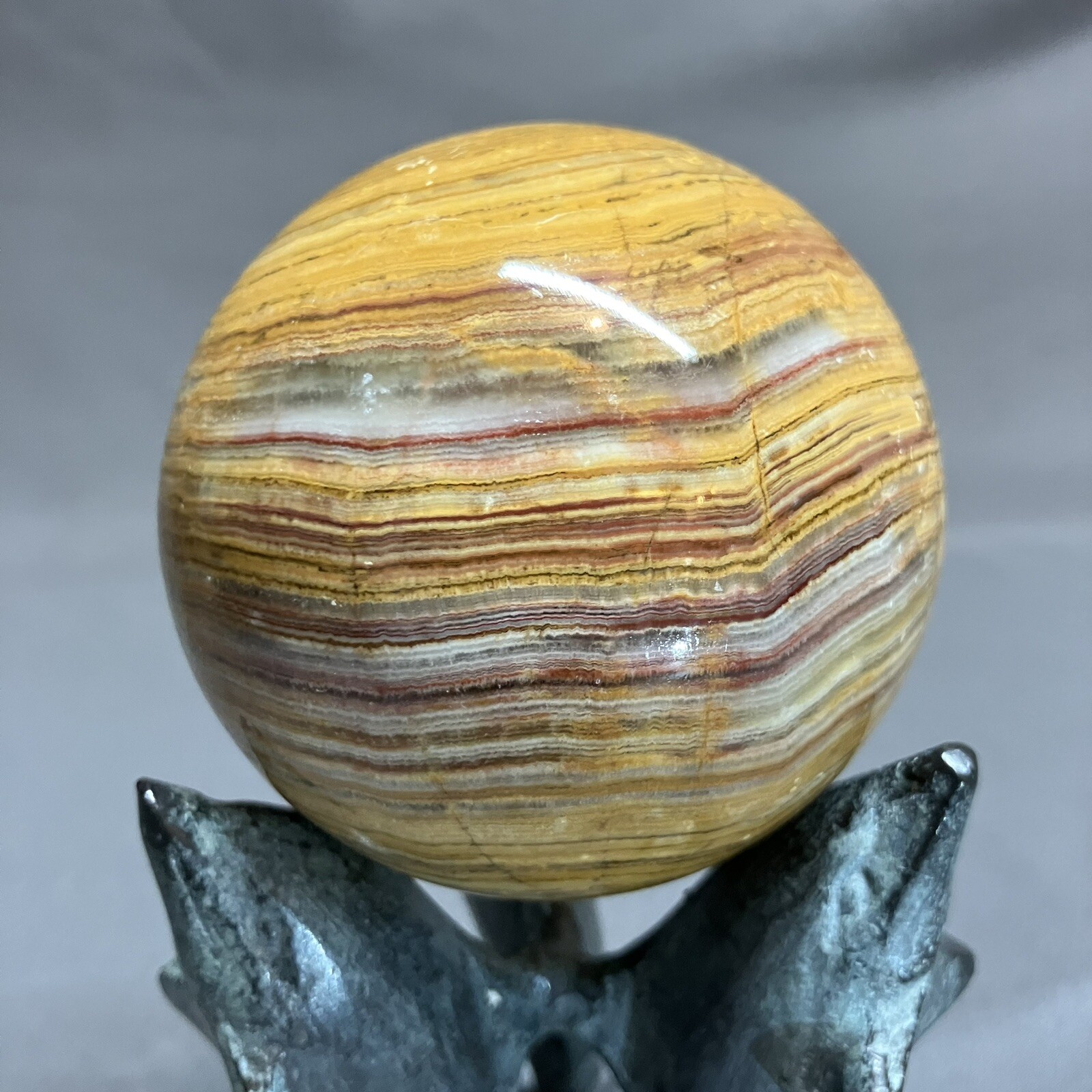 3” Banded Gemstone Dolphin Stand / Onyx ? Stone / Sphere Ball / 76mm / REPAIRED