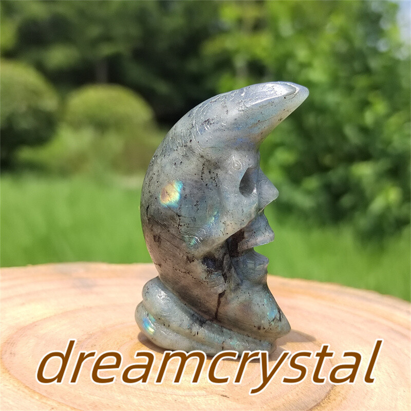 2.2″ Natural Labradorite Skull Carved Quartz Crystal Moon Reiki Sculpture 1pc