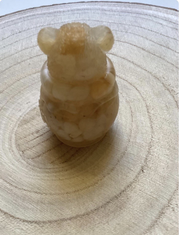 Authentic Carved Amber Calcite Crystal, Bear In Honey Pot, Home Decoration