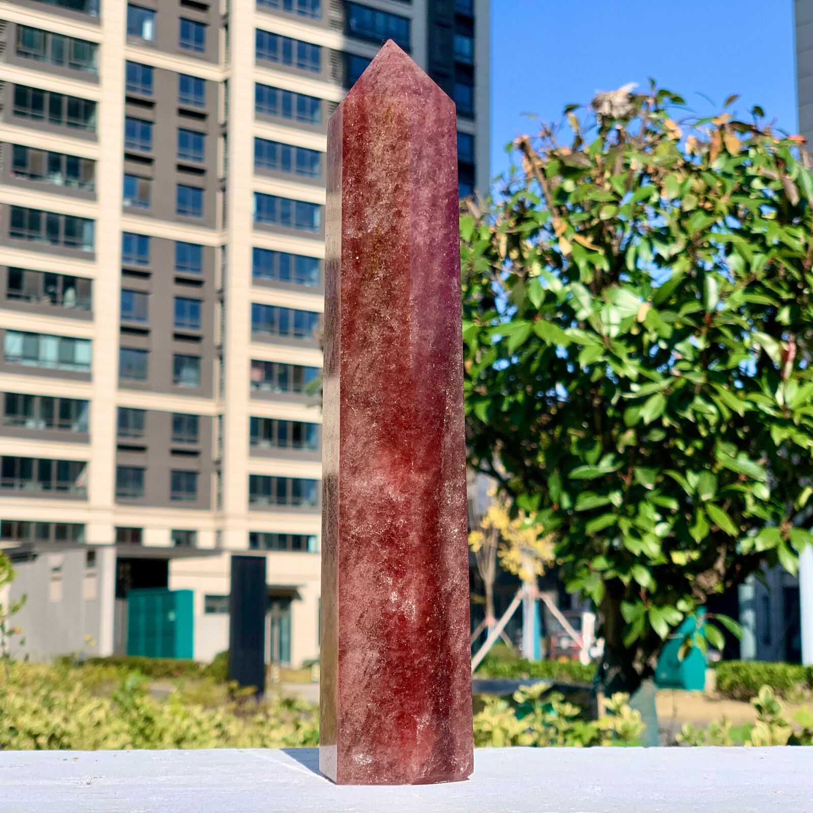 2.02LB Natural Large Strawberry Quartz Crystal Tower Point Obelisk Red Chakras