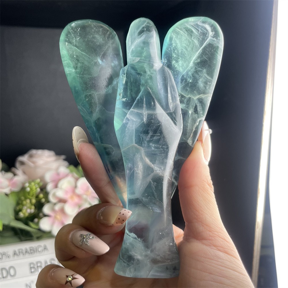 0.8LB 5.1″ Natural Rinbow Fluorite Angel Carved Crystal Mineral Quartz Decor