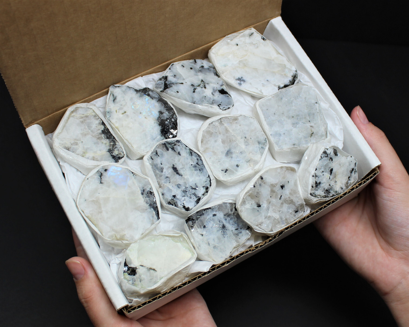 Rainbow Moonstone Premium Natural Rough Specimen Box: 8 or 12 Piece ‘AAA’ Grade
