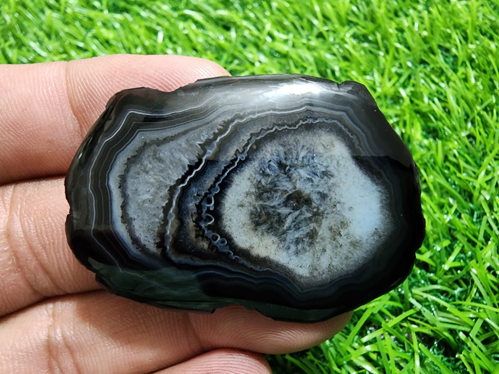 74ct Black Banded Slice Agate Druzy, Polished Geode Slab Crystal Loose Gemstone