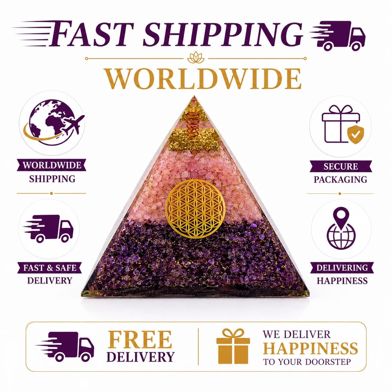 Orgonite Pyramid Rose Quartz Amethyst Crystal Energy Healing Meditation Decor