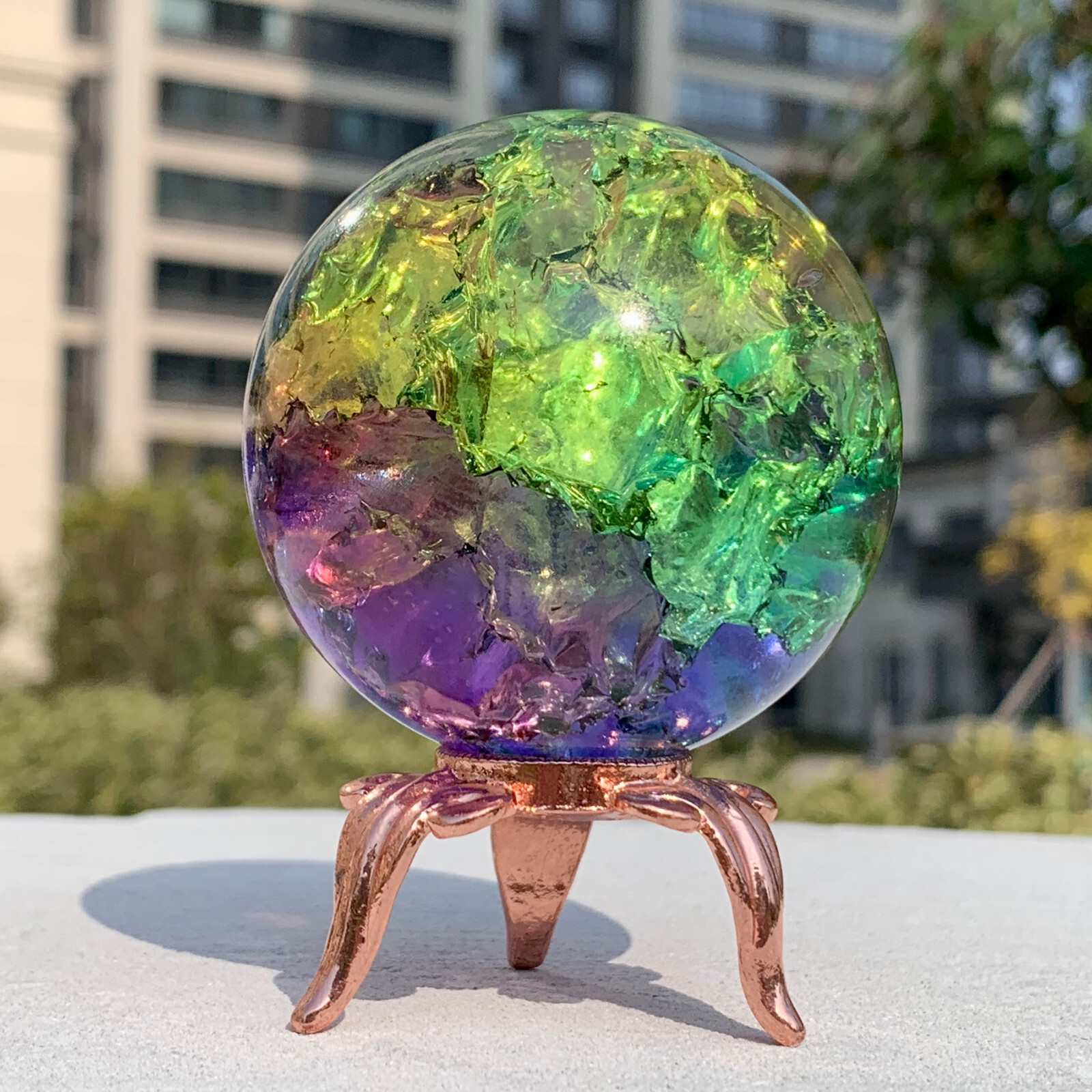 279G Natural Titanium Rainbow Quartz sphere Crystal ball Healing+stand