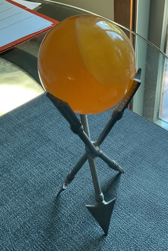 orange stone ball 3″ and arrow tripod stand pewter
