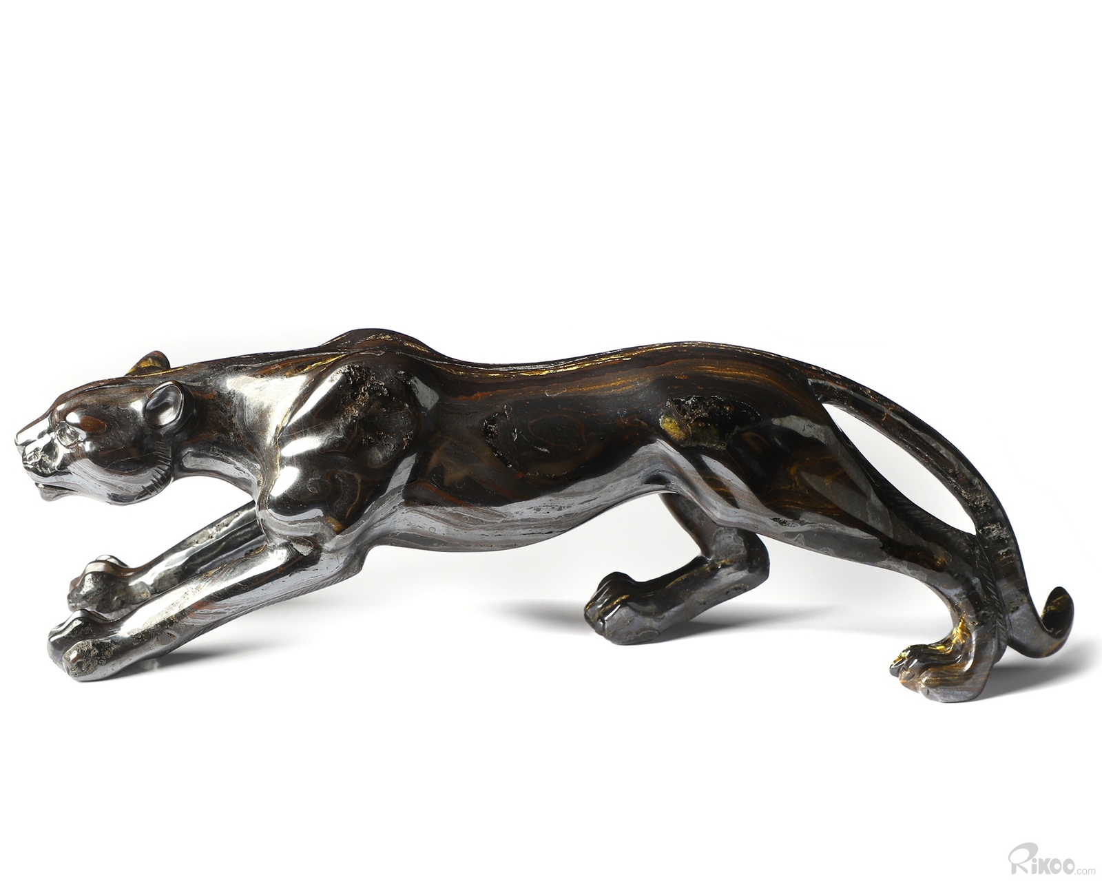 10.5″ Colorful Tiger Iron Eye Hand Carved Crystal Leopard Sculpture, Healing
