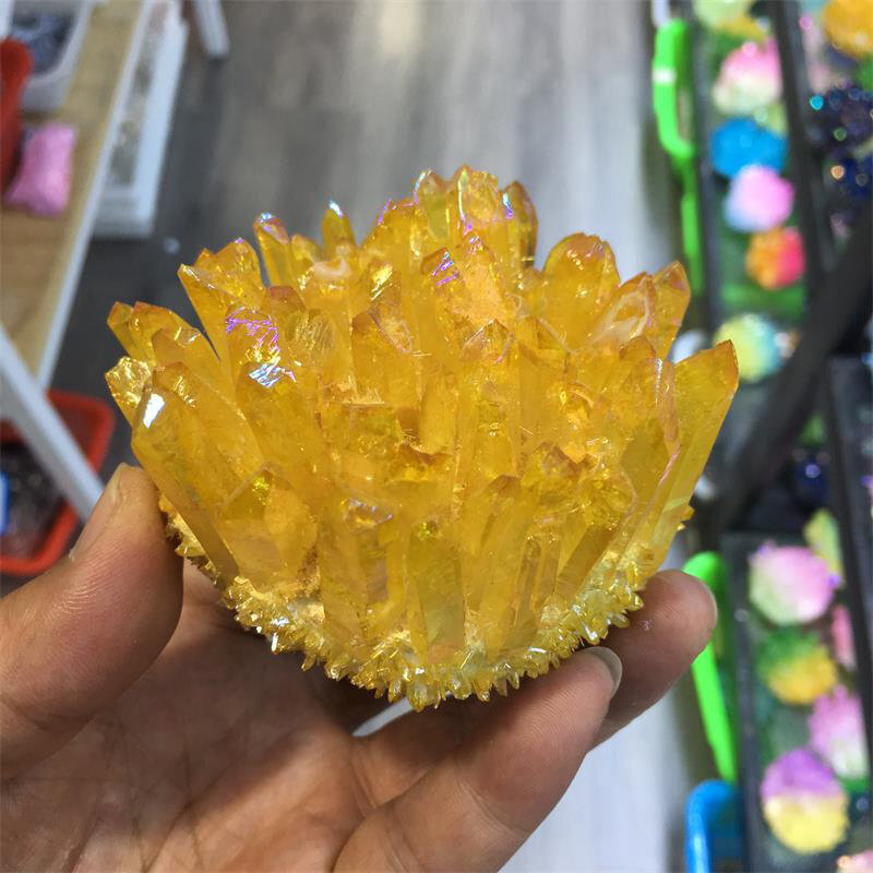 Large Natural Aura Yellow Titanium Rough Rock Stone Quartz Crystal Cluster Decor